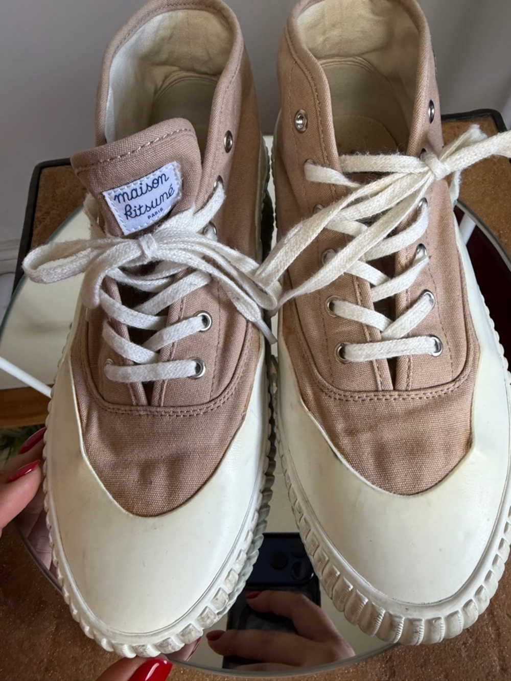 MAISON KITSUNÉ Beige High-Top Sneakers with Colorful Fox Patch - Picture 8 of 11